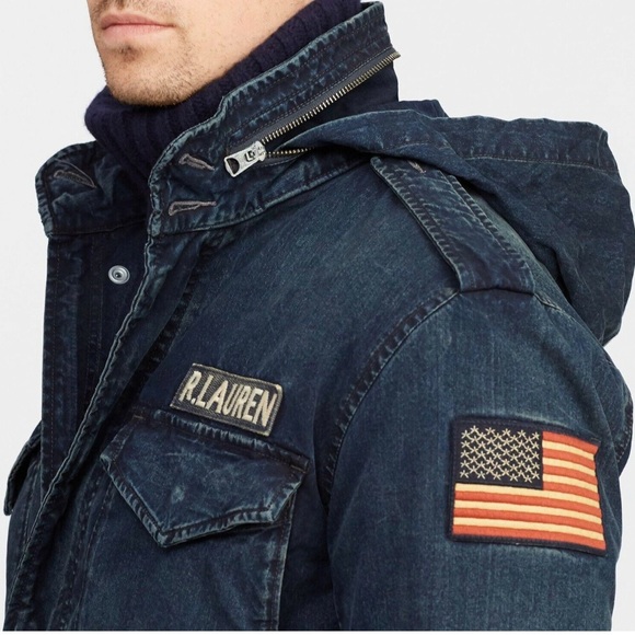 Polo Ralph Lauren Men’s USA Flag Military Patch Denim Field Jacket Size XL - Picture 2 of 16